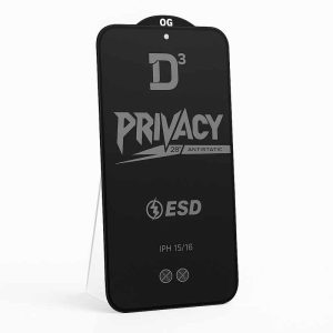 گلس حریم خصوصی و محافظ D3 Privacy Glass سازگار با: iPhone15/16 ضد خش، ضد ضربه، حریم خصوصی دوطرفه، وضوح مناسب لبه‌ها طراحی خمیده جهت پوشش بیشتر نصب سریع، بدون حباب، همراه با کیت نصب